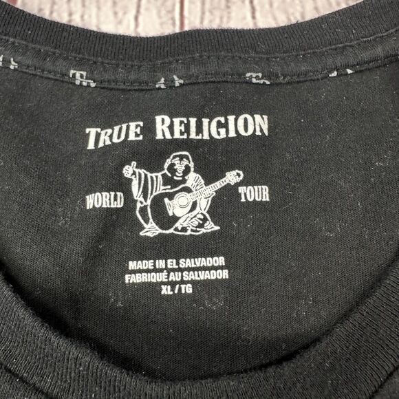 True Religion Shirt Mens XL Black All Over TR Horseshoe Logo Graphic Print Tee - Picture 4 of 9